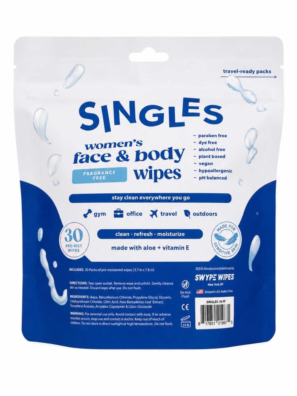 SINGLES Women’s Face & Body Wipes Fragrance Free 30 Travel Packs - Picture 4 of 4